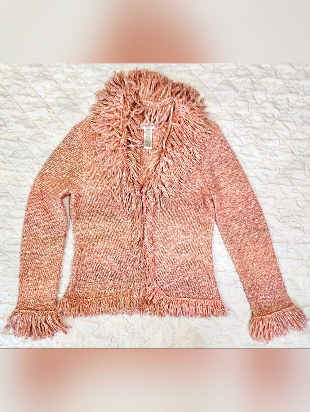 Nine West Feminine Pink Ombre Fringe Sweater Cardigan V-Neck Hook Closure Sz M